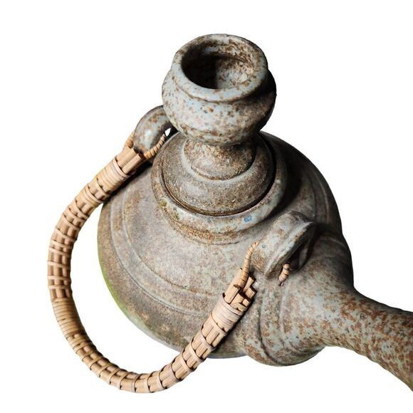 Unusual Clay Pottery Teapot with Rattan Handle Tall Lid Brown Handmade - Picture 8 of 13